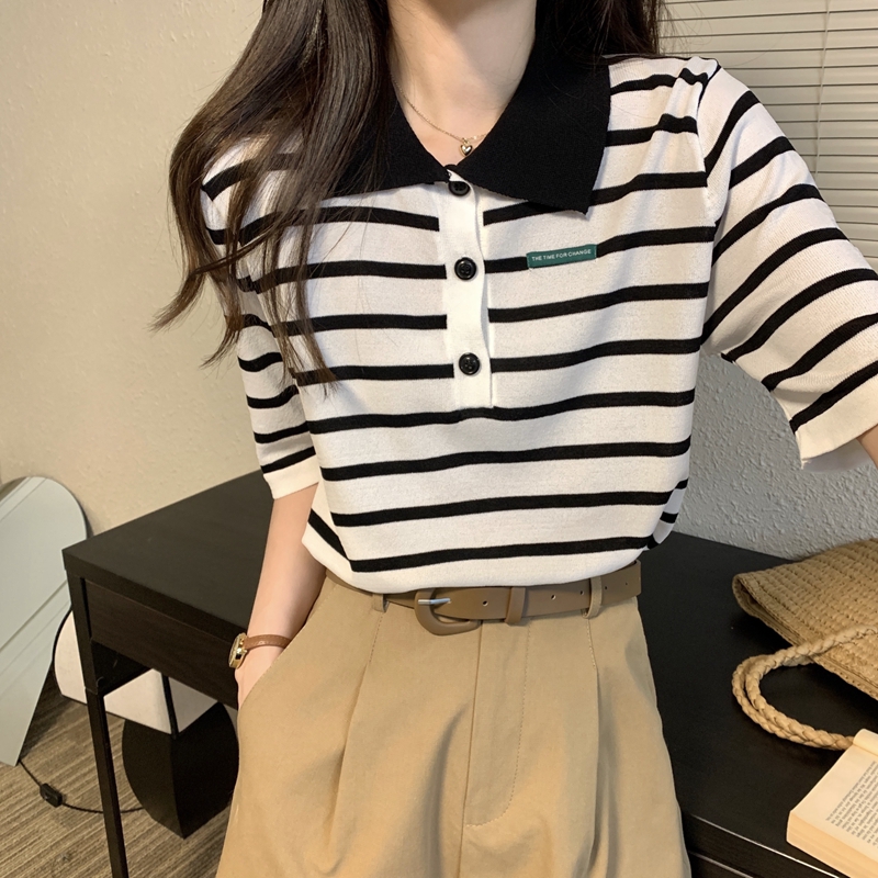 新款韩版条纹polo领打底衫设计感薄款针织短袖上衣女装