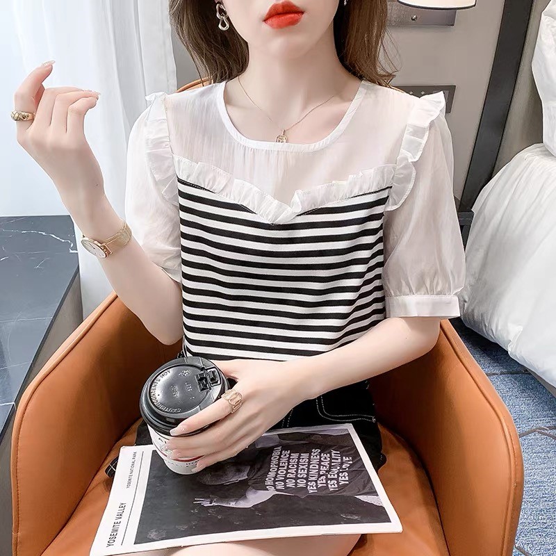 休闲法式木耳边条纹上衣