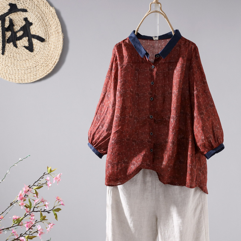 夏季新款翻领碎花苎麻七分袖衬衫女装复古宽松单排扣小衫上衣