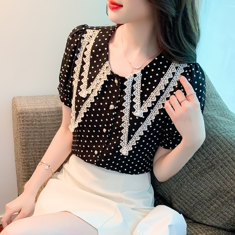蕾丝拼接娃娃领波点衬衫女短袖夏季上衣