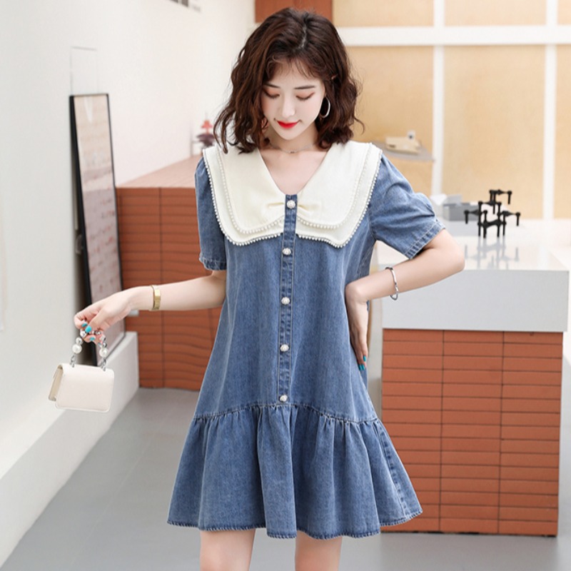 夏季小个子钉珠娃娃领撞色拼接牛仔连衣裙显瘦荷叶边宽松裙子