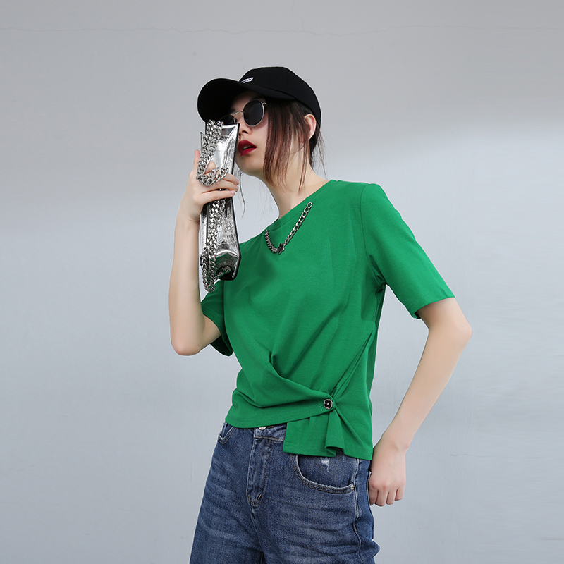 不规则下摆扭结T恤短袖女夏季新款链条设计感棉圆领休闲上衣