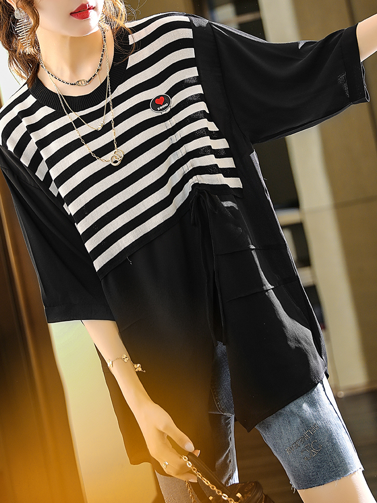 欧洲站大码新款针织拼接雪纺条纹T恤宽松女装