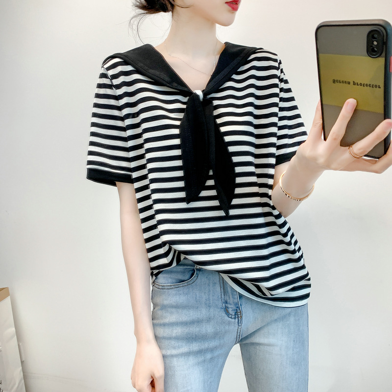 夏季女装韩版气质新款针织衫条纹围巾V领冰丝短袖T恤女