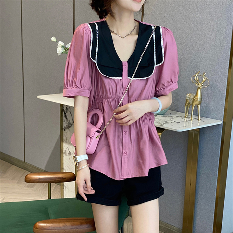甜美高端设计感小众减龄短袖衬衫女粉色娃娃领百搭上衣