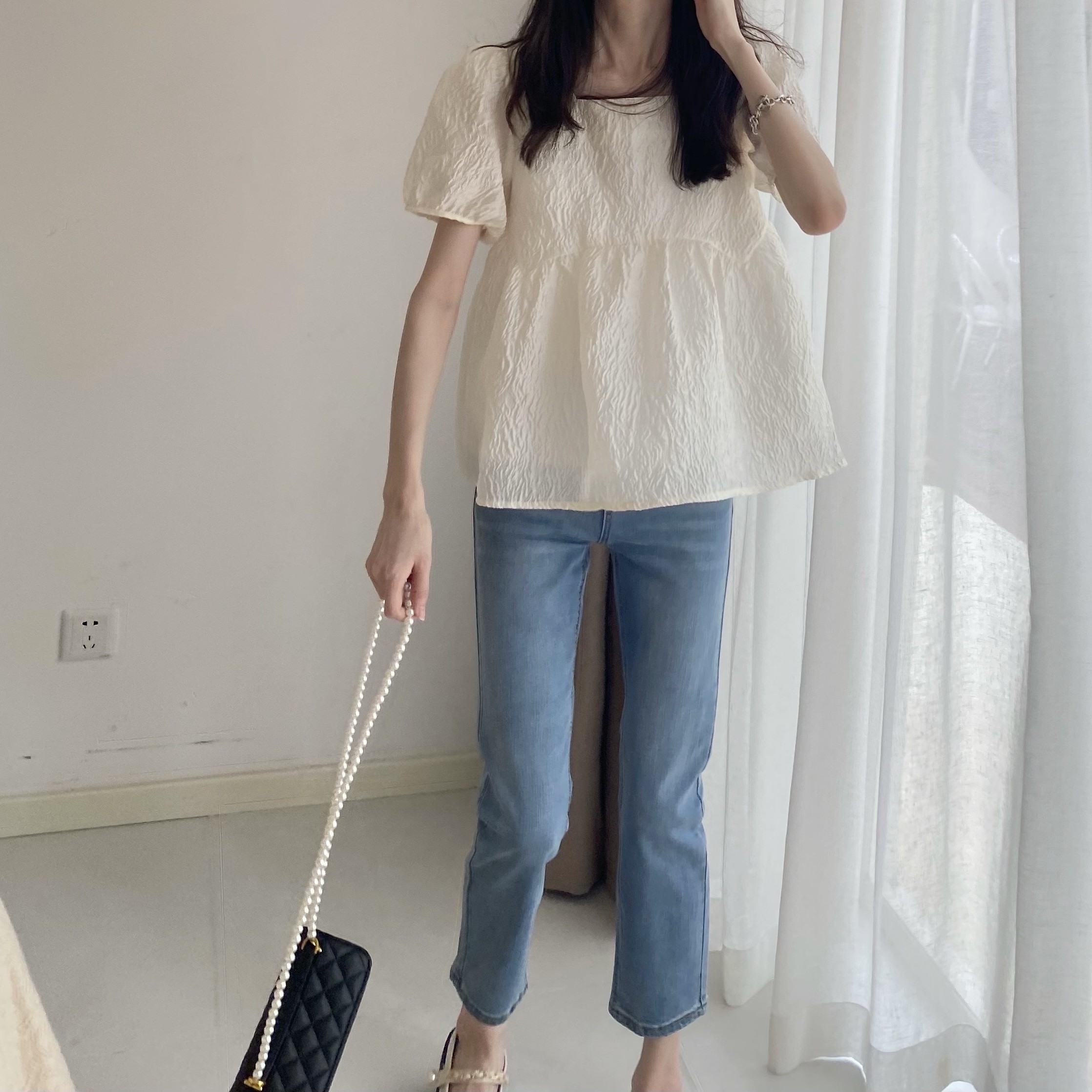 方领泡泡袖衬衫女夏遮肉短袖上衣法式肌理感娃娃衫