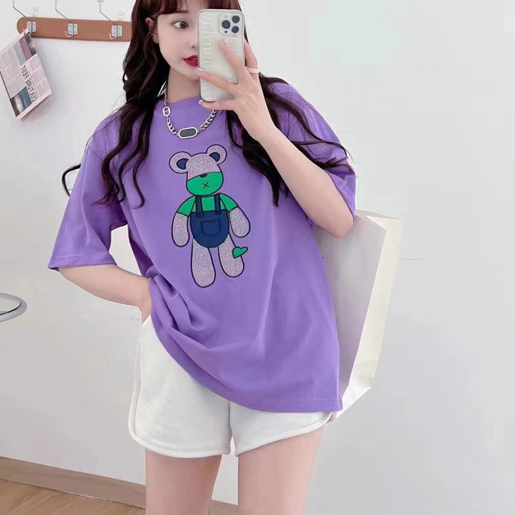 夏新款卡通小熊图案贴布烫钻宽松大码中长款纯棉短袖t恤女潮