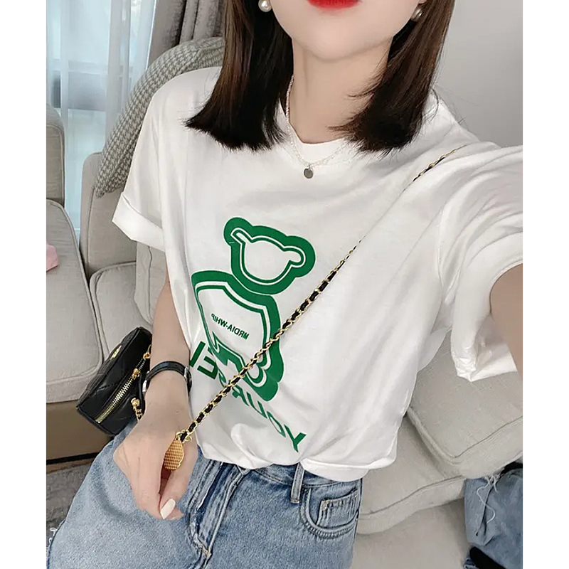 新款正肩宽松小熊短袖t恤ins潮粉色上衣设计感小众