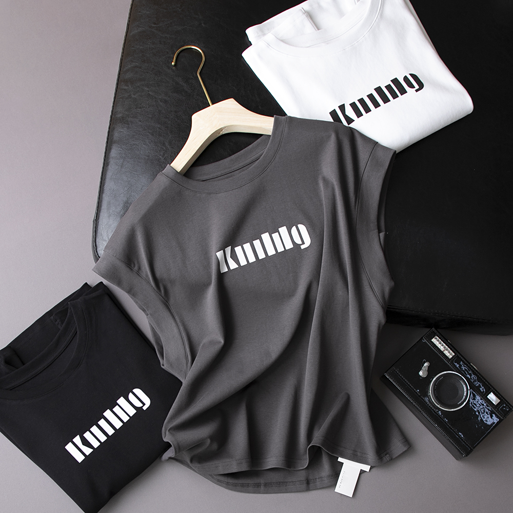 夏款女装时髦设计感独特上衣圆领套头字母印花飞机袖无袖T恤女潮