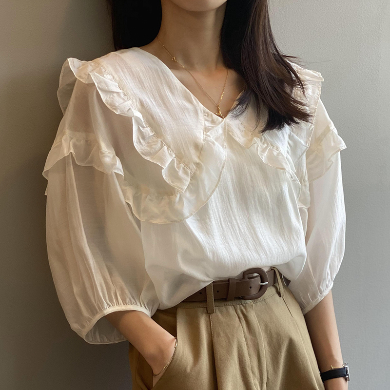 天丝短袖法式衬衫设计感小众宽松甜美木耳荷叶边娃娃领上衣女夏季