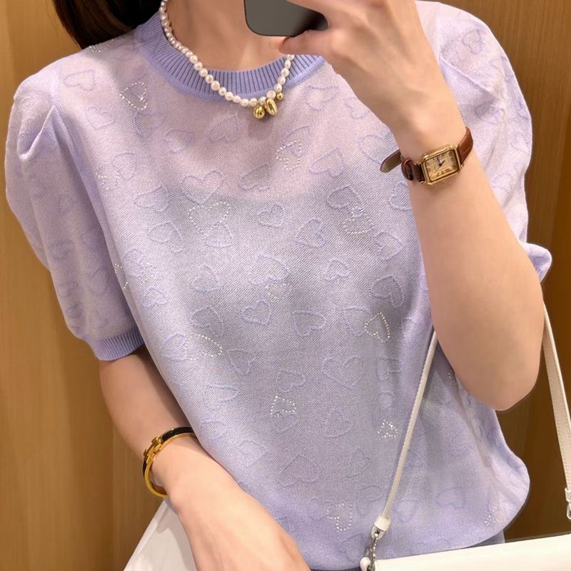 夏季新款冰丝短袖针织衫女时尚泡泡袖纯色百搭甜美上衣