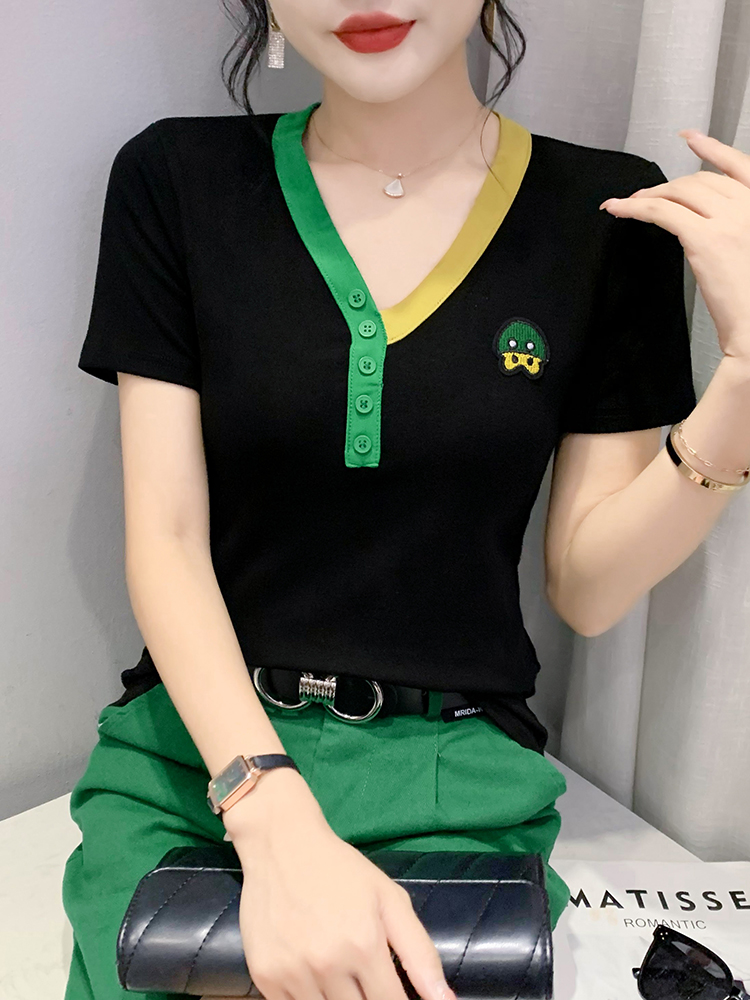 新款欧货个性V领T恤女短袖时尚撞色上衣洋气修身半袖小衫