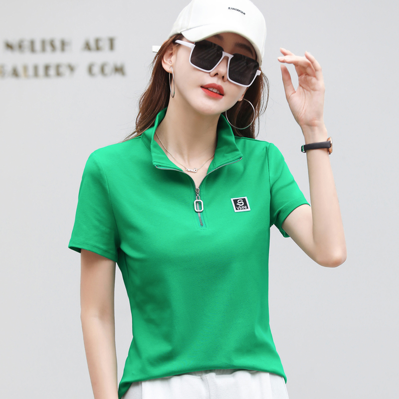 欧洲站夏季新款拉链立领t恤女宽松遮肚显瘦韩版贴标潮流纯棉上衣