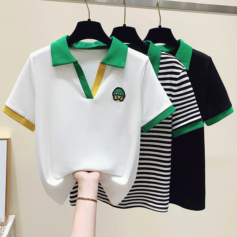 Polo衫女夏季条纹百搭刺绣小黄鸭头撞色翻领上衣