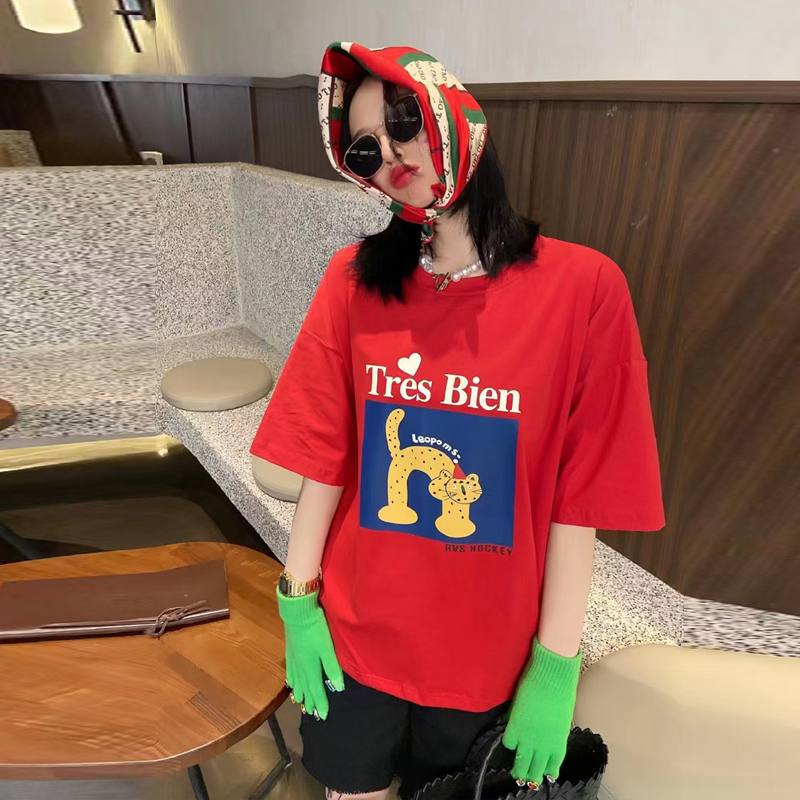 夏季新款韩版圆领短袖t恤宽松卡通印花休闲小个子上衣女潮