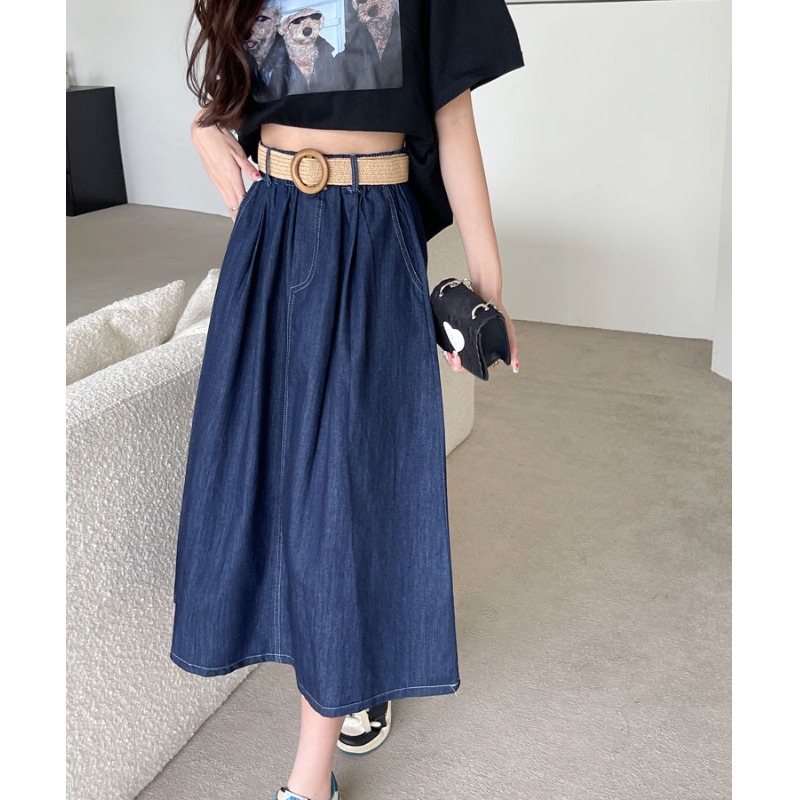 新款韩版松紧腰显瘦中长款设计感牛仔A字半身裙女