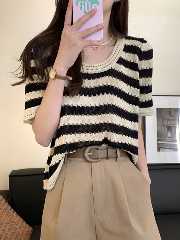 美式复古冰丝别致针织女t恤衫小众设计感正肩体恤衫镂空夏装上衣