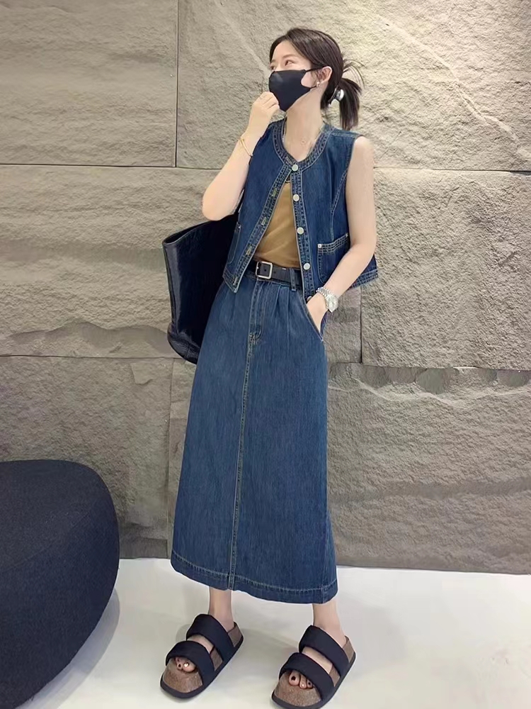 夏新款薄款时尚宽松高腰开叉半身裙两件套