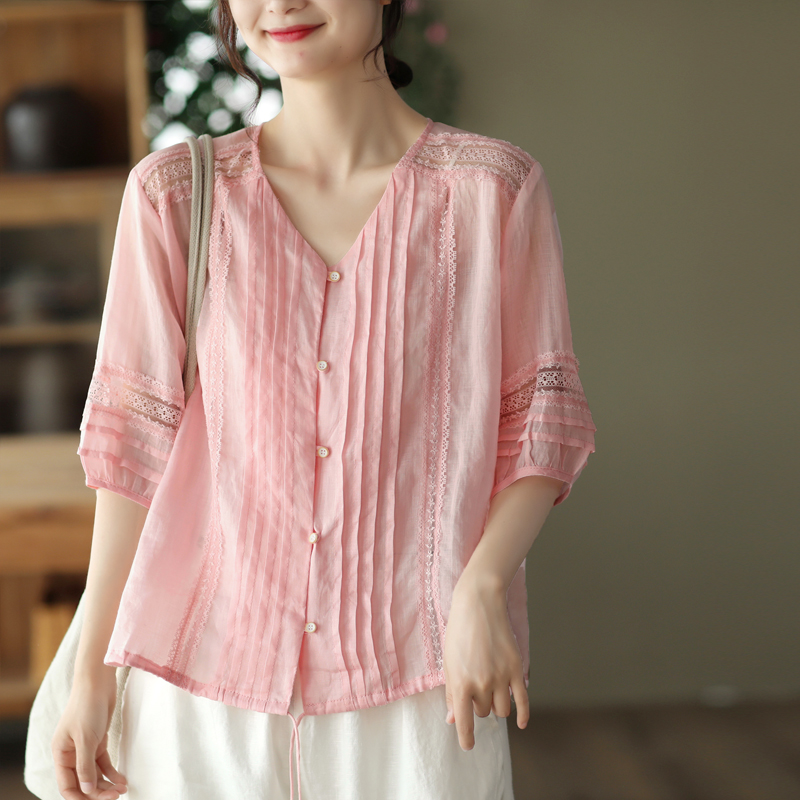 琴褶衬衫女优雅蕾丝花边中袖衬衣100支细苎麻上衣