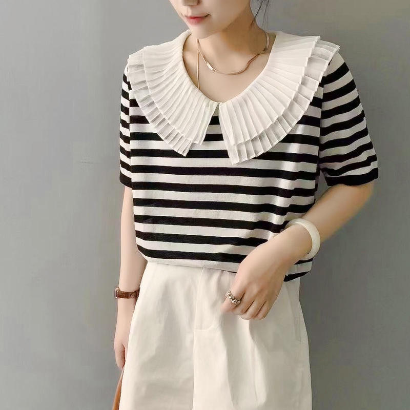 夏季新款黑白条纹拼接娃娃领上衣薄款宽松针织衫漂亮显瘦小衫