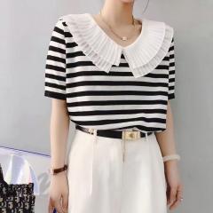 夏季新款黑白条纹拼接娃娃领上衣薄款宽松针织衫漂亮显瘦小衫