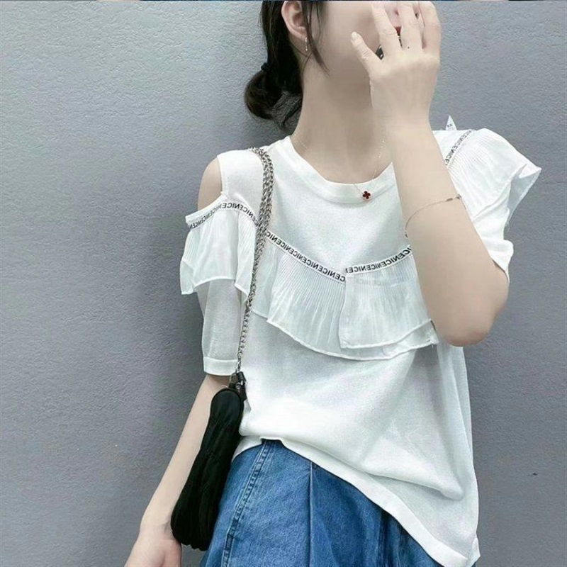 夏季韩版圆领露肩字母荷叶边拼接薄冰丝