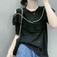 夏季韩版圆领露肩字母荷叶边拼接薄冰丝