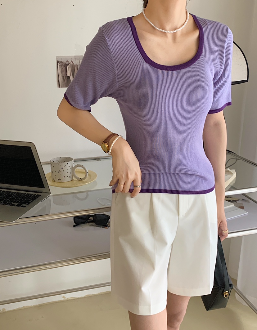 夏季新款时尚亚麻冰丝针织衫女圆领拼色短袖百搭上衣