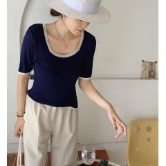 夏季新款时尚亚麻冰丝针织衫女圆领拼色短袖百搭上衣