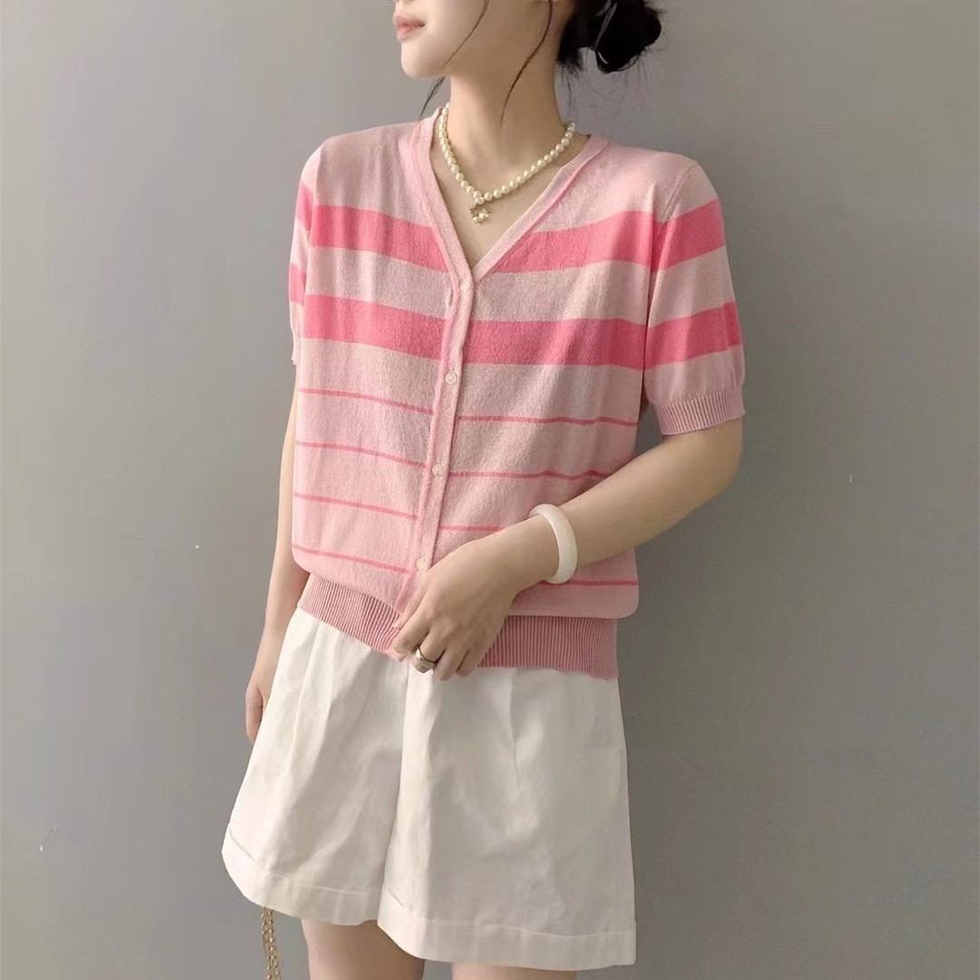 夏季新款洋气宽松显瘦V领短袖小清新条纹冰丝亚麻针织开衫女