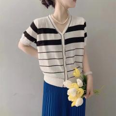 夏季新款洋气宽松显瘦V领短袖小清新条纹冰丝亚麻针织开衫女