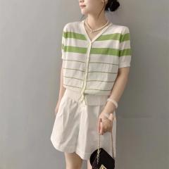 夏季新款洋气宽松显瘦V领短袖小清新条纹冰丝亚麻针织开衫女