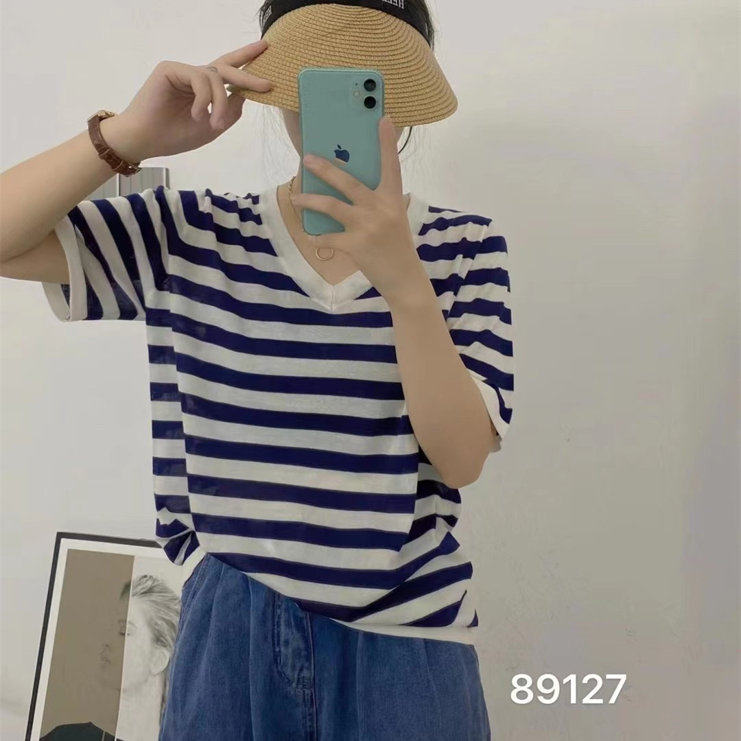 夏季新款韩版时尚简约百搭显瘦V领短袖条纹针织套头衫女上衣
