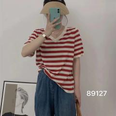 夏季新款韩版时尚简约百搭显瘦V领短袖条纹针织套头衫女上衣