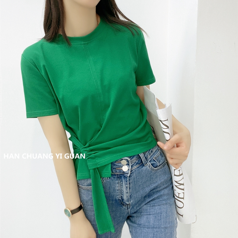 夏季显瘦宽松百搭绿色短款短袖上衣潮设计感不规则系带t恤女