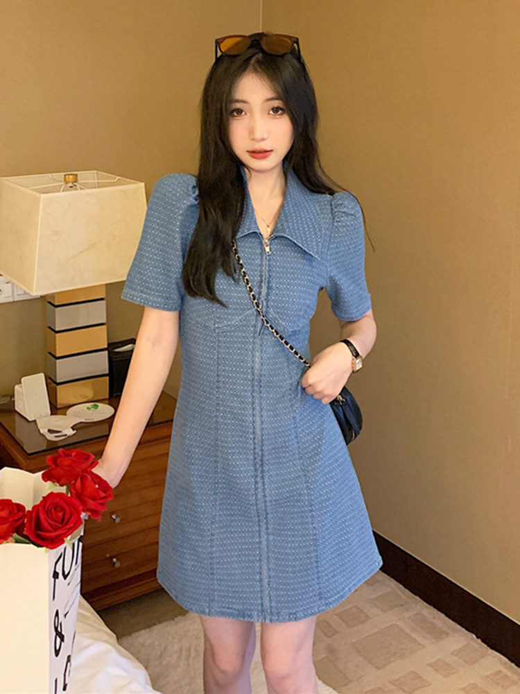 小香风POLO领牛仔连衣裙女夏季新款修身显瘦气质拉链短袖裙子