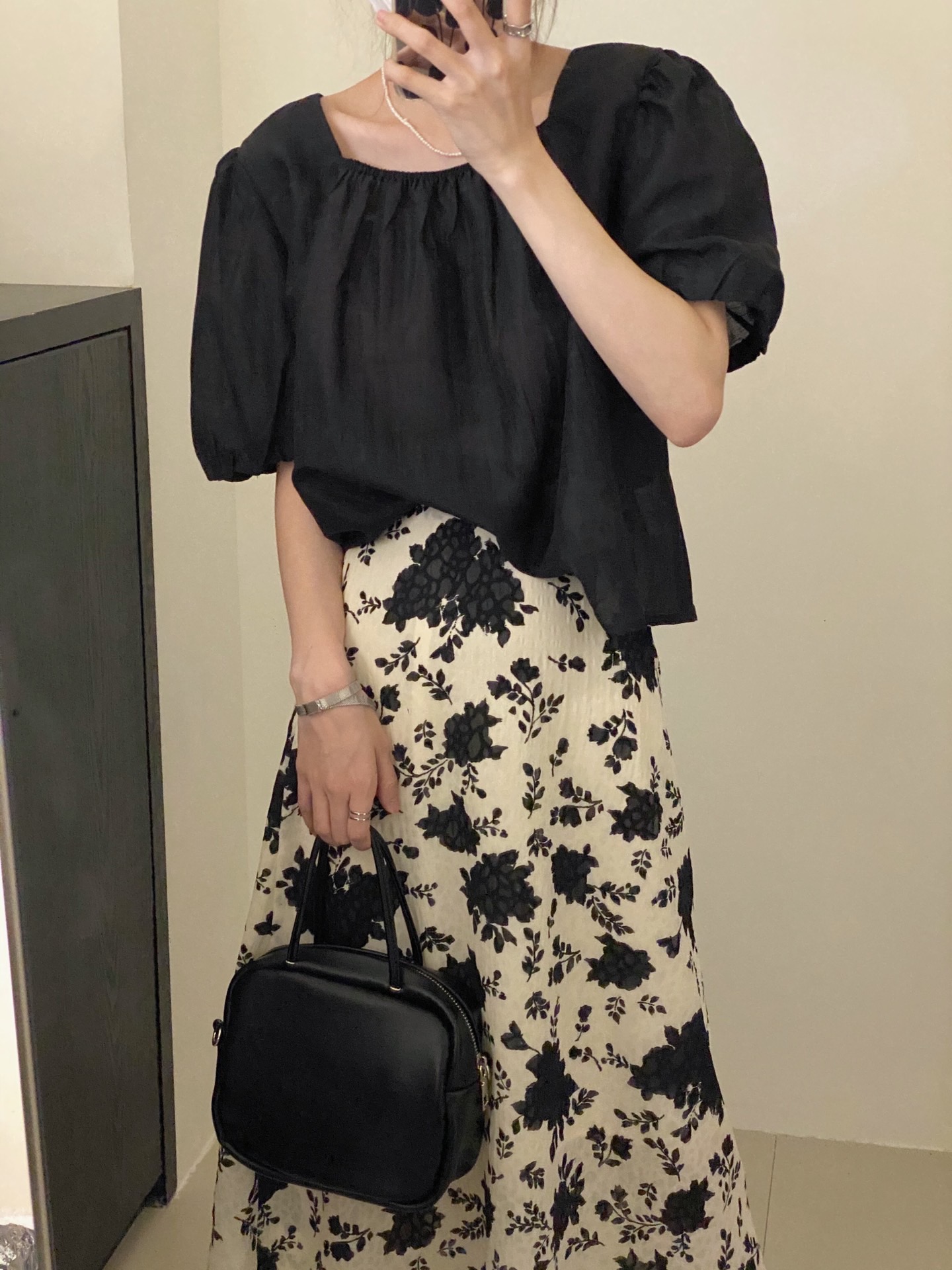 黑白印花半身长裙 复古文艺百搭显瘦后松紧高腰A字伞裙雪纺女夏季