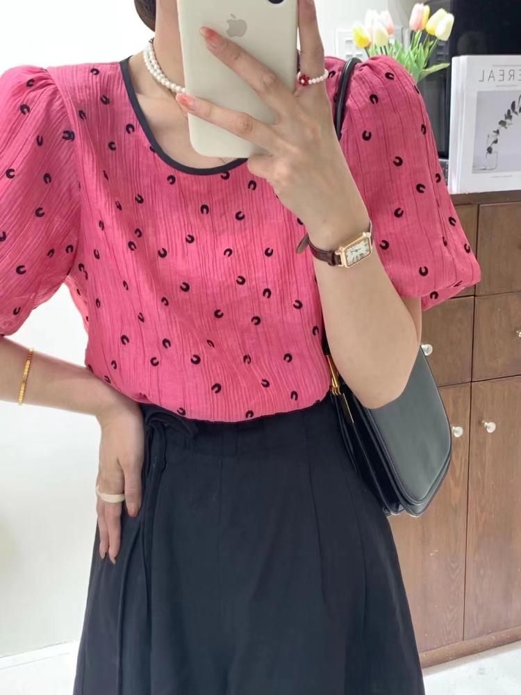 夏季韩版设计小众植绒月牙印花衬衫上衣新款百搭小衫女