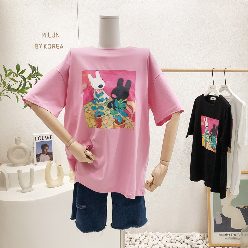 ins油画风休闲短袖夏季新款韩国东大门小众设计感宽松包臀T恤大码