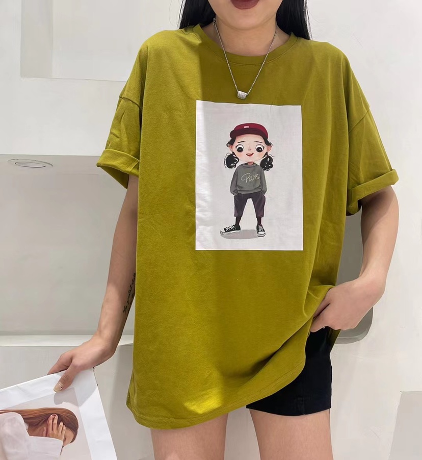 新款卡通姜黄色超大版短袖T恤休闲百达夏季新款小女孩图案