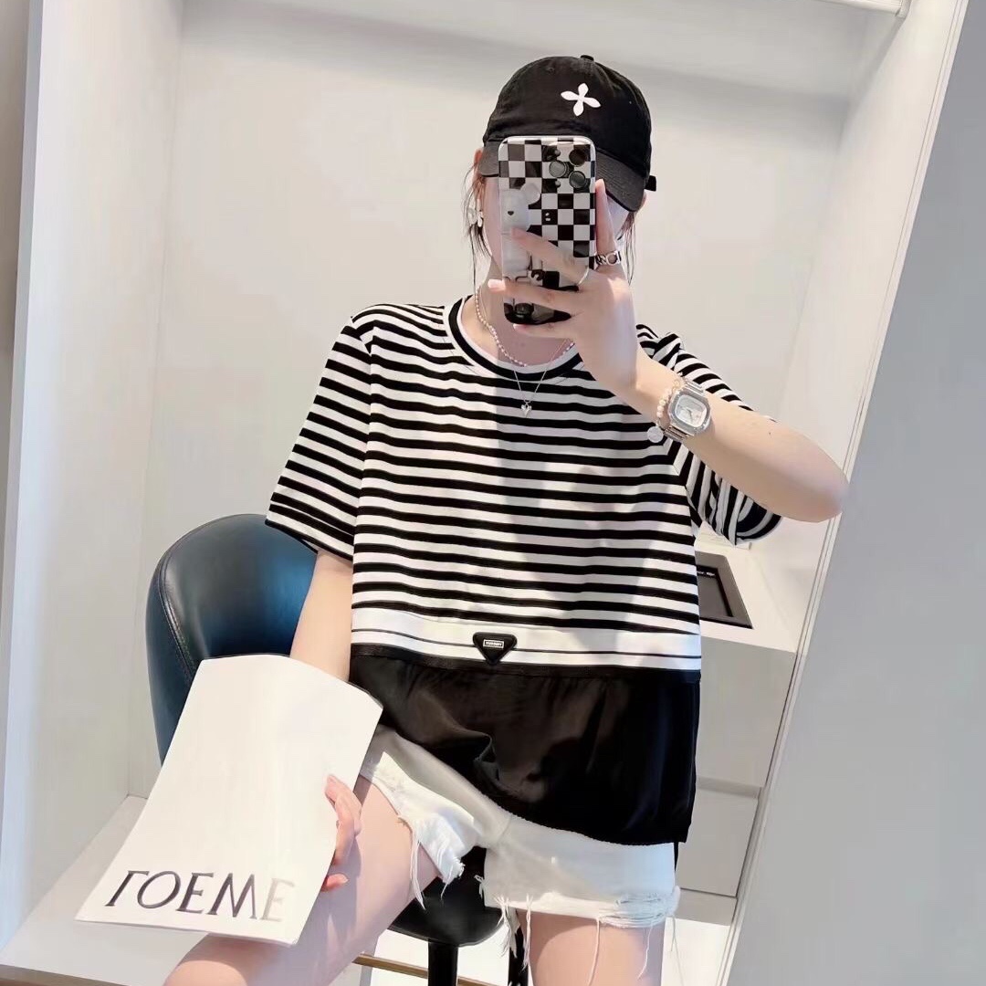 连帽条纹拼接T恤女宽松显瘦简约休闲上衣韩版