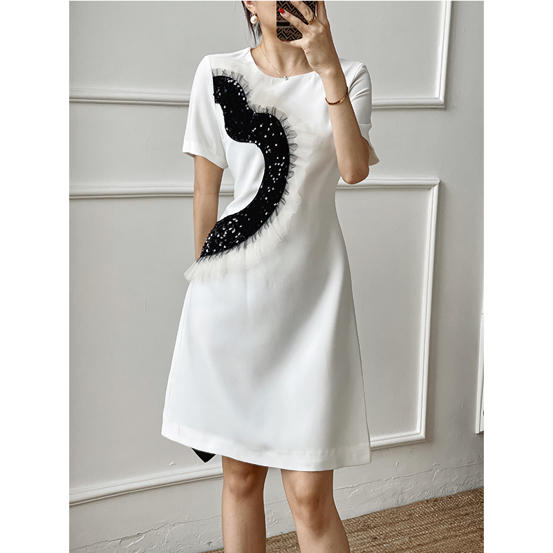 高定款网纱花边亮片刺绣连衣裙夏气质轻熟女圆领短袖a字裙