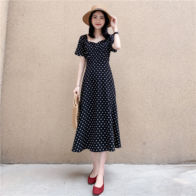 波点气质方领连衣裙女新款夏韩版修身收腰显瘦雪纺短袖长裙子