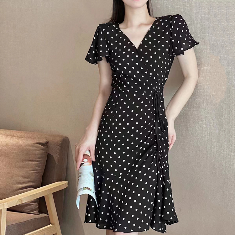 欧洲站复古有韵味~夏季法式印花连衣裙女式中长款荷叶边A字裙潮