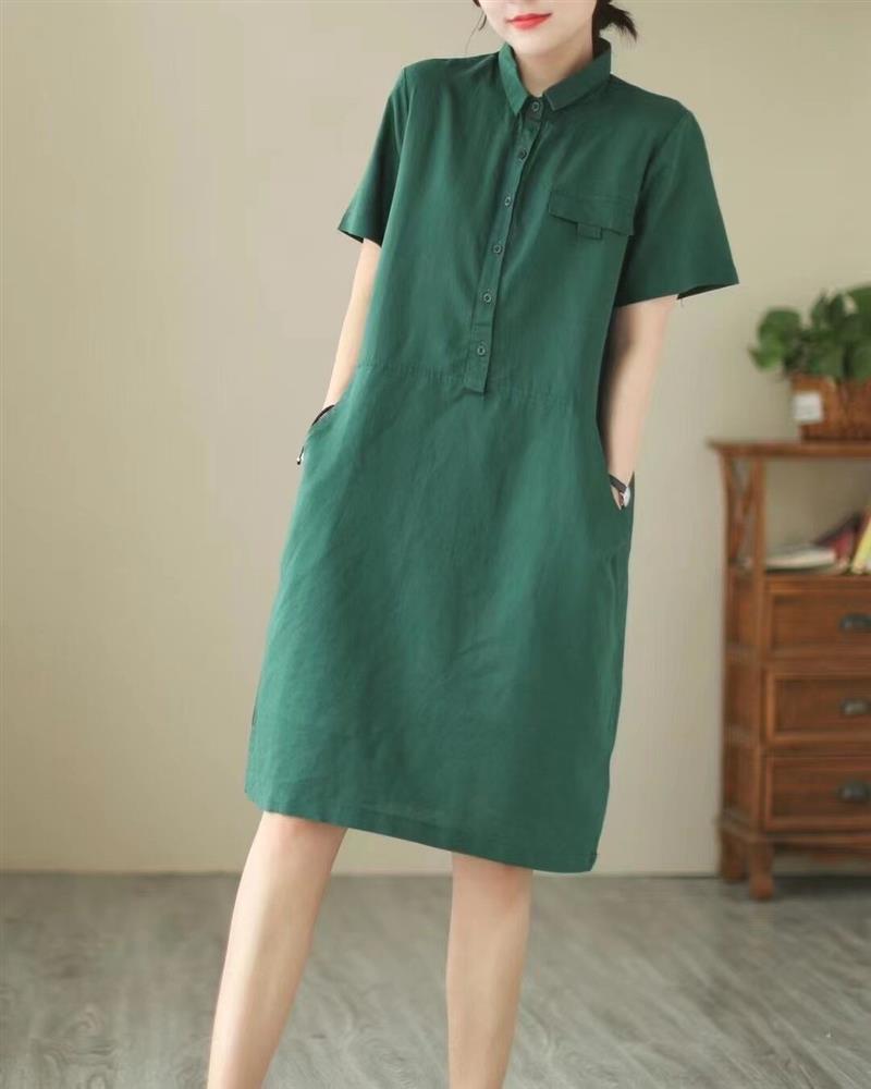 夏季显瘦宽松套头a字裙文艺纯色中长款棉麻短袖连衣裙