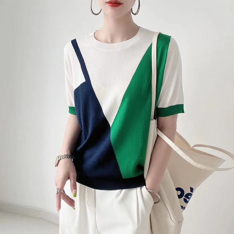 韩版chic潮不对称拼色短袖针织t恤女