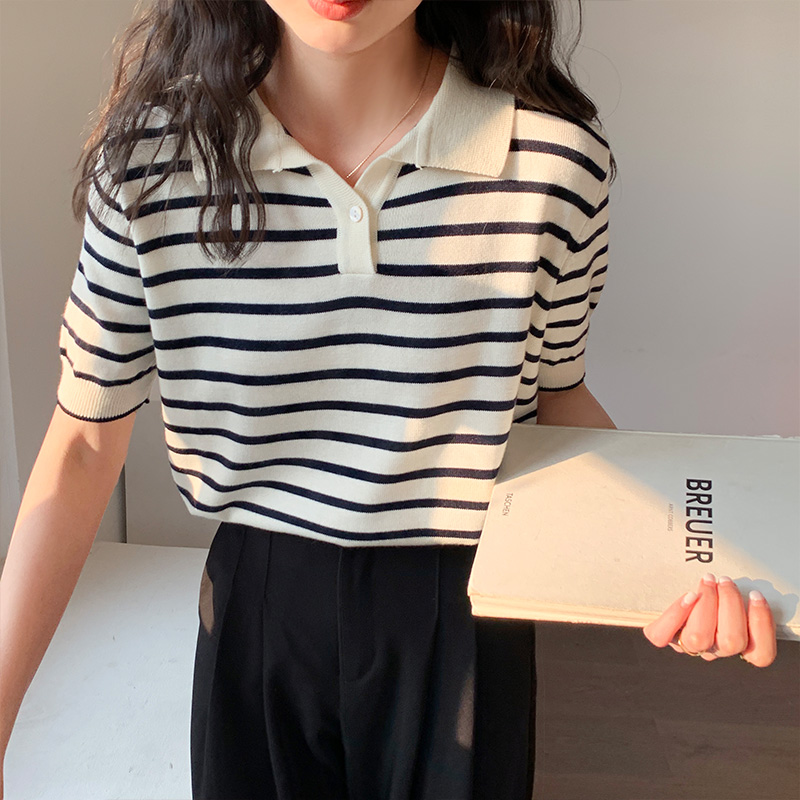 针织条纹短袖t恤女夏季新款韩版宽松polo衫翻领冰丝薄款正肩上衣
