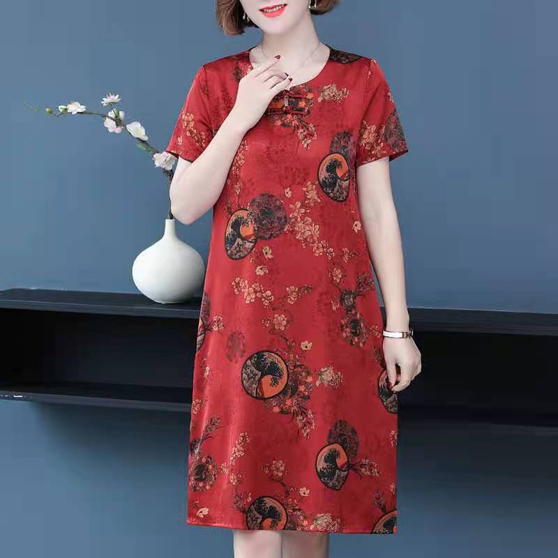 夏季新品纯色印花盘扣圆领连衣裙