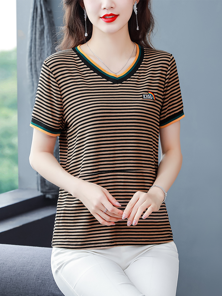 短袖薄款纯棉上衣女条纹大码T恤衫新款年轻减龄气质遮肚上衣