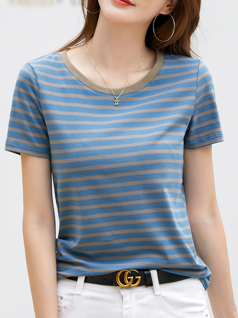 夏季新款宽松圆领条纹短袖T恤女百搭简约